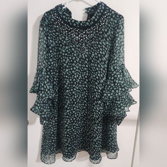 Anthropologie Ranna Gill Flutter Long Sleeve Tunic Mini Dress Green Size Medium - Picture 7 of 12